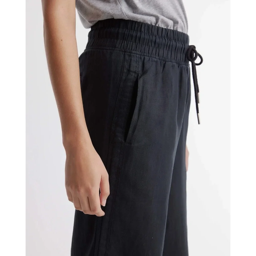 Quince 100% European Linen Wide Leg Pants Black Elastic Waist L Relaxed Fit